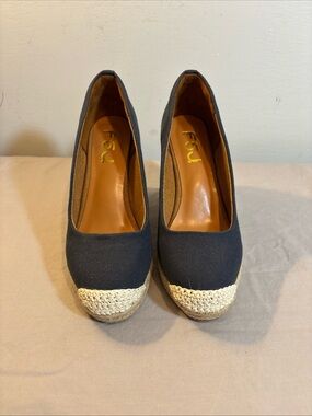 FSJ Navy Canvas Espadrille Wedge Heels